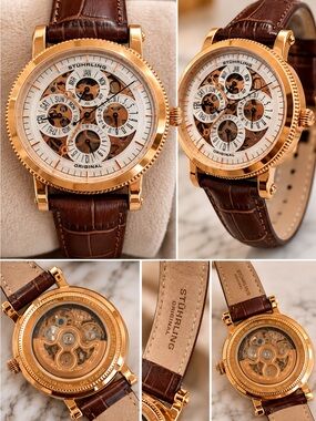 Stuhrling Original Rose Gold Tone Dial Skeleton Watch with Brown Leather Strap